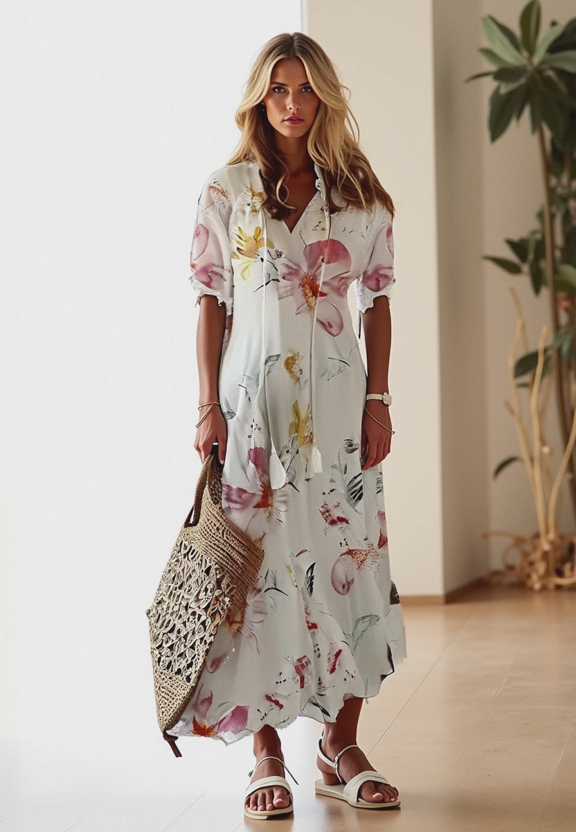 Bettina | Damen Kurzärmelig V-Ausschnitt Bohème Sommerkleid | Maxi