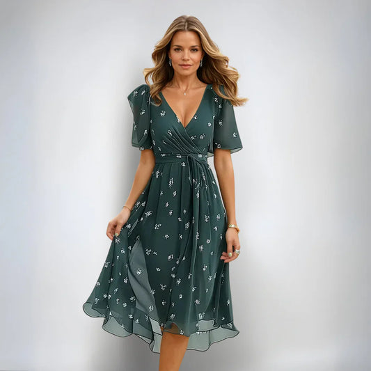 Annegret | Damen V-Ausschnitt Kurzarm Sommerkleid | Midi