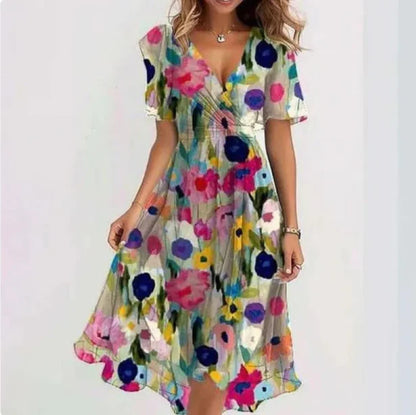 Annegret | Damen V-Ausschnitt Kurzarm Sommerkleid | Midi