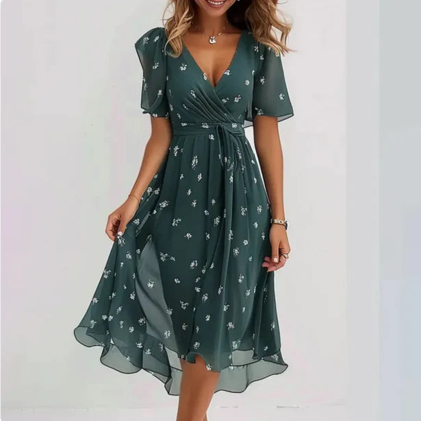 Annegret | Damen V-Ausschnitt Kurzarm Sommerkleid | Midi