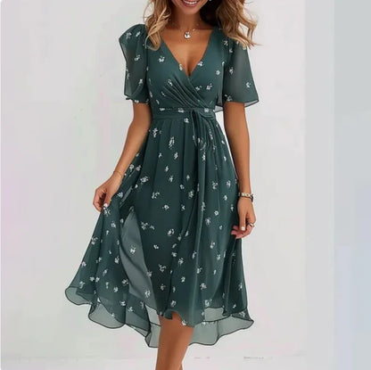 Annegret | Damen V-Ausschnitt Kurzarm Sommerkleid | Midi