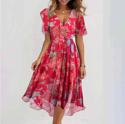 Annegret | Damen V-Ausschnitt Kurzarm Sommerkleid | Midi