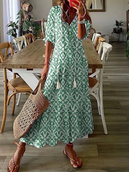Bettina | Damen Kurzärmelig V-Ausschnitt Bohème Sommerkleid | Maxi