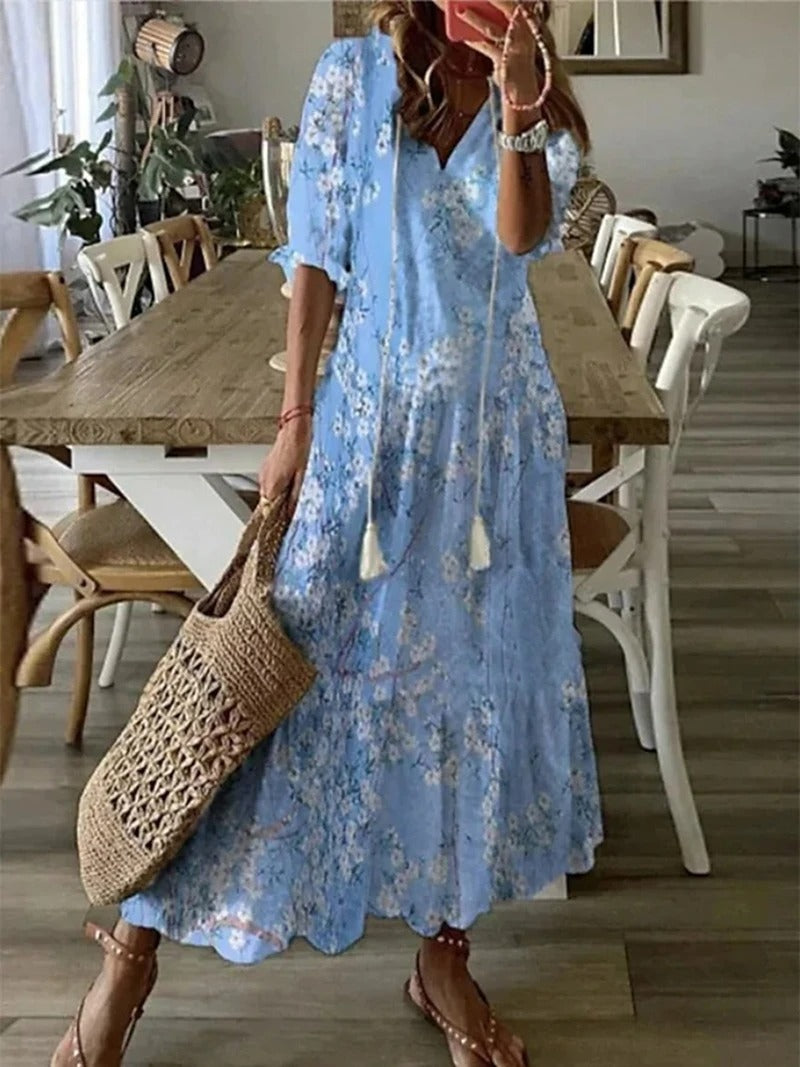 Bettina | Damen Kurzärmelig V-Ausschnitt Bohème Sommerkleid | Maxi