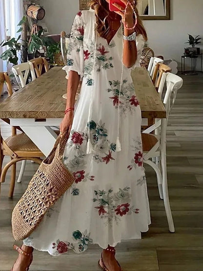 Bettina | Damen Kurzärmelig V-Ausschnitt Bohème Sommerkleid | Maxi